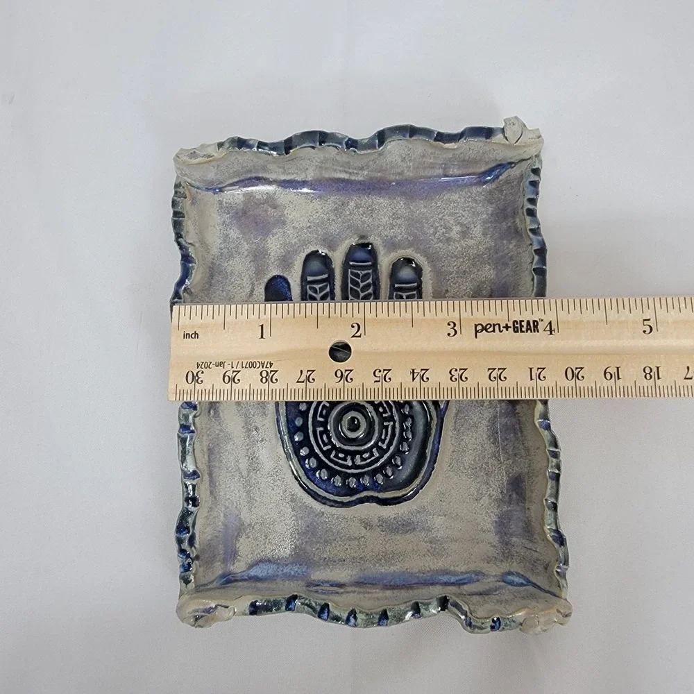 Artist Signed Healing Hand Hamsa Trinket Tray  Blue  Ceramic Pottery